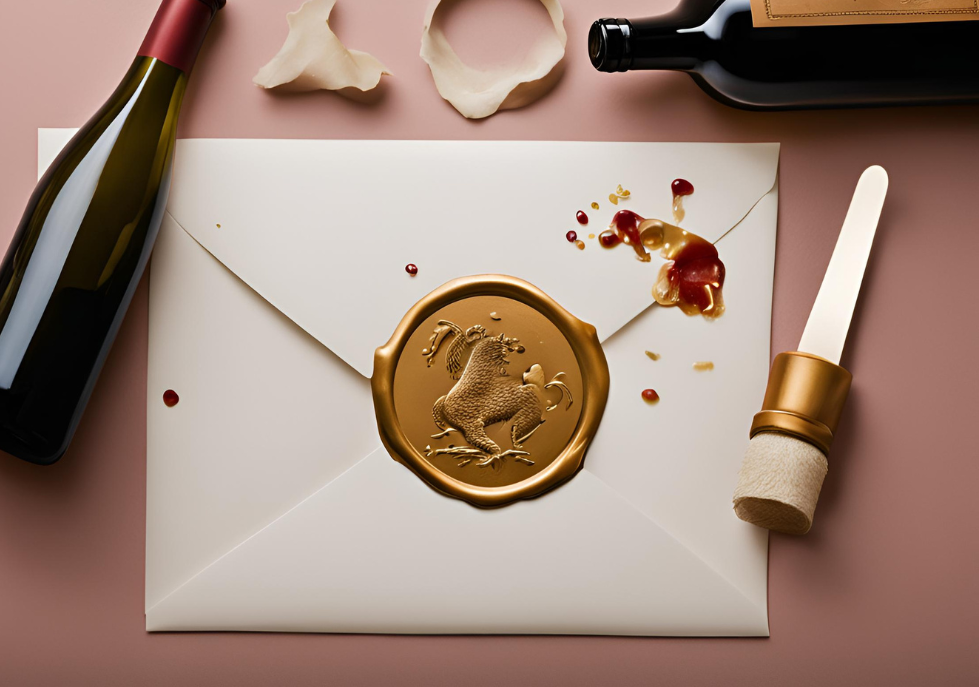 Imagem gerada por AI com uma carta lacrada e com duas garrafas de vinho à sua volta «